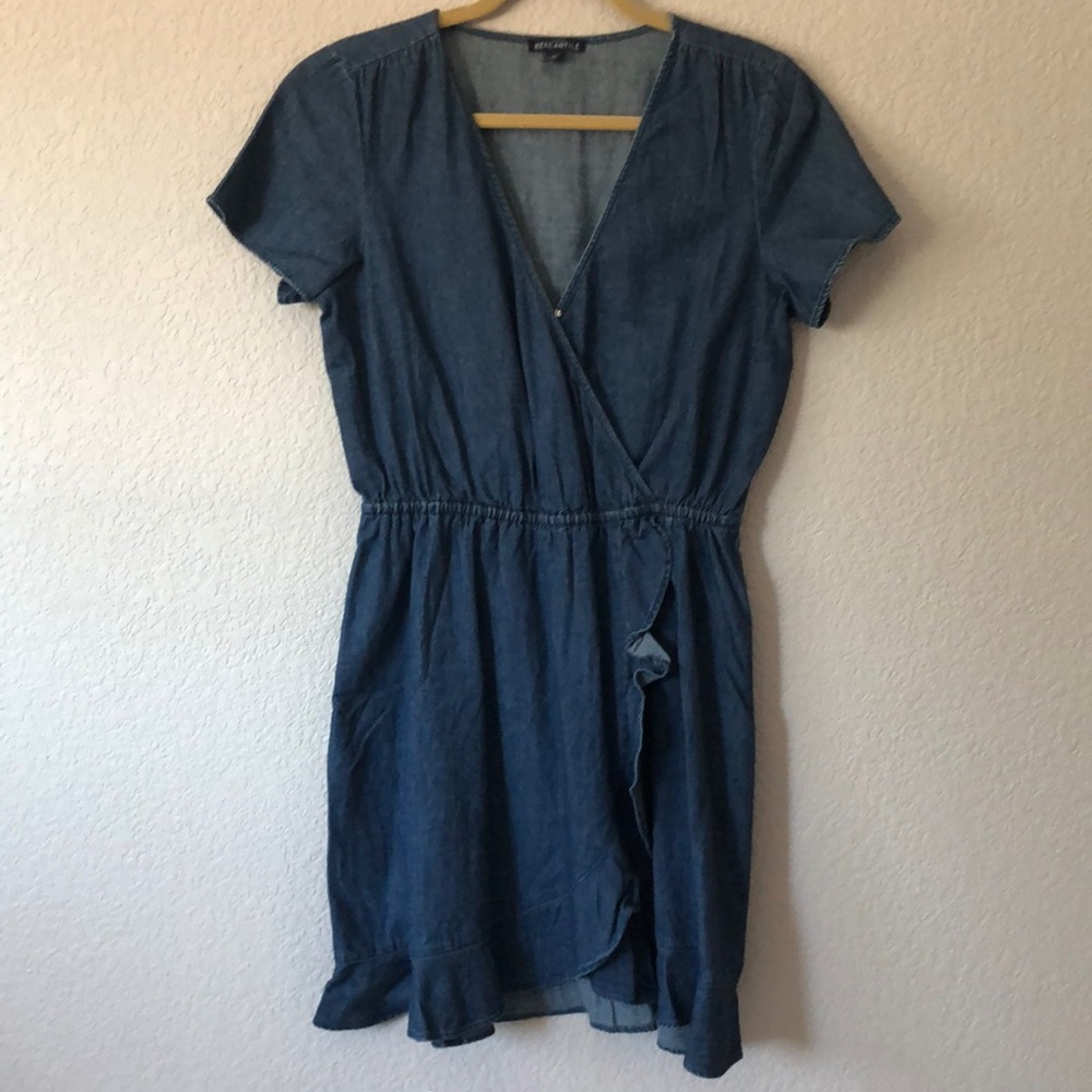 J Crew Mercantile denim ruffle faux wrap dress